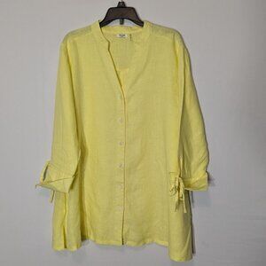 SYMPLE MK Yellow Linen Relax Fit Button Blouse; 3/4 Cuffed Sleeves w Tie; Size M
